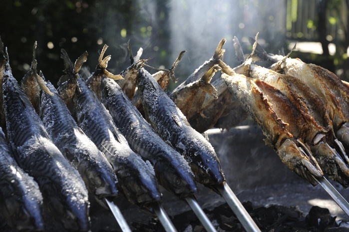Fish grilled on skewers in a beer garden, Munich, Bavaria, Germany, Europe, Photo by Jan Richter