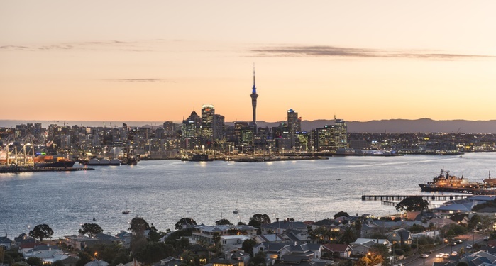 New Zealand Sunset, Waitemata Harbour, Sky Tower, skyline with skyscrapers, Central Business District, Auckland Region, North Island, New Zealand, Oceania, Photo by Moritz Wolf