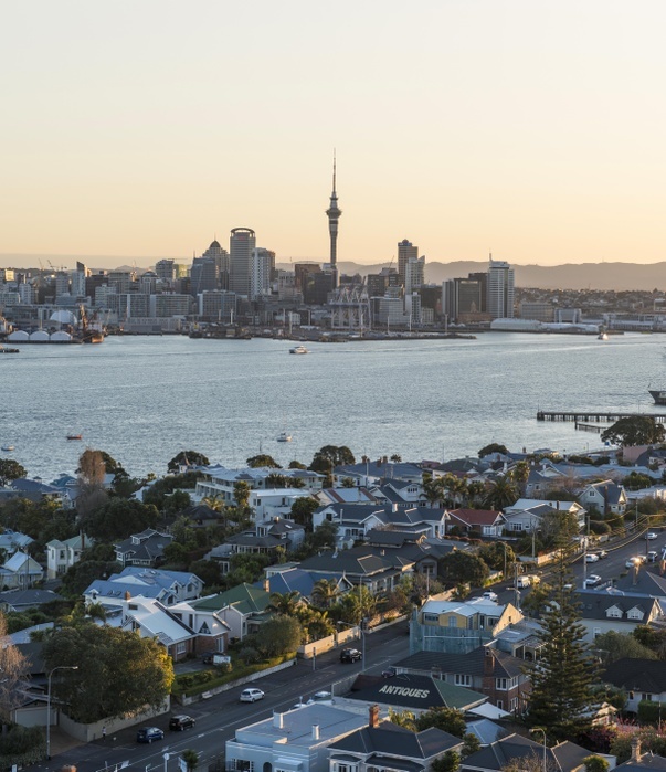 New Zealand Waitemata Harbour, Sky Tower, skyline with skyscrapers, evening mood, Central Business District, Auckland Region, North Island, New Zealand, Oceania, Photo by Moritz Wolf