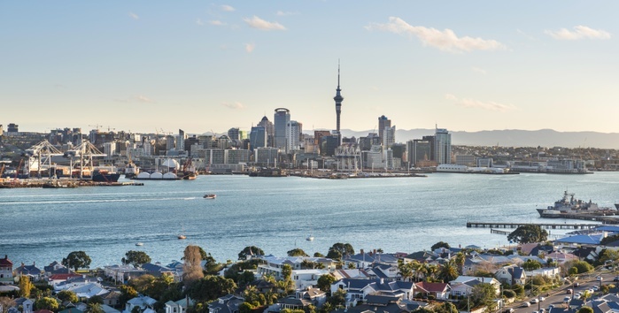 New Zealand Waitemata Harbour, Sky Tower, skyline with skyscrapers, Central Business District, Auckland Region, North Island, New Zealand, Oceania, Photo by Moritz Wolf