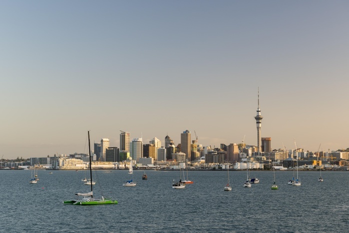 New Zealand Auckland skyline with Sky Tower, boats anchoring in the sea, North Island, New Zealand, Oceania, Photo by Robert Haasmann