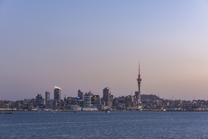 New Zealand Auckland skyline with Sky Tower, Dusk, North Island, New Zealand, Oceania, Photo by Robert Haasmann