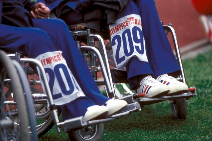 1980 Arnhem Paralympics Athletics Wheelchair users have the start numbers attached to the lower leg during the Athletics of the 1980 Summer Paralympics, Olympics for the Disabled, at National Sports Centre Papendal in Arnhem, Netherlands, on June 25, 1980.  Photo by AFLO 
