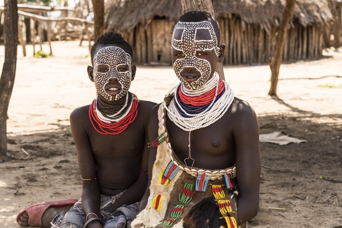 Two girls with traditional face painting, Karo tribe, Southern Nations Nationalities and Peoples' Region, Ethiopia, Africa, Photo by Günter Lenz
