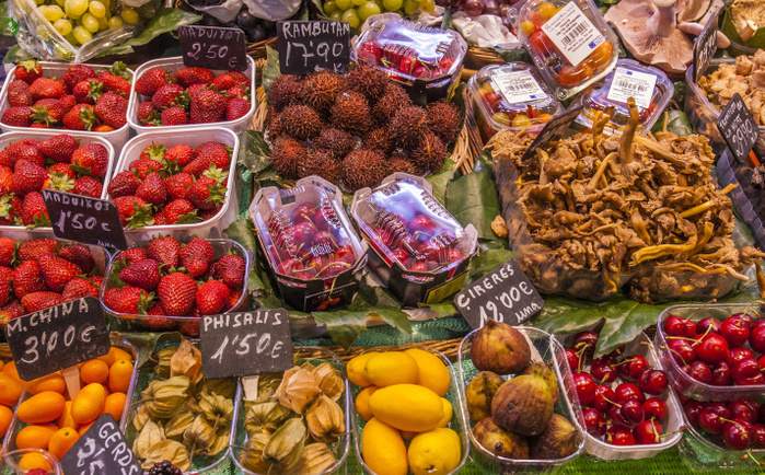 Spain, Catalonia, Barcelona, la Rambla, fruits stall at the Boqueria market Photo by Daniele SCHNEIDER