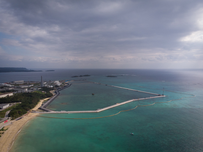 Okinawa, Henoko U.S. base relocation work restarts Aerial drone view shows base construction progress on December 13, 2018. On December 14 the landfill work will restart at Henoko coastal in Nago, Okinawa, for building a new facility at Camp Schawb to take over the functions of the U.S. Marine Corps  Futenma Air Station, now in Ginowan, another city in Okinawa. December 13, 2018  Photo by Nicolas Datiche AFLO   JAPAN 