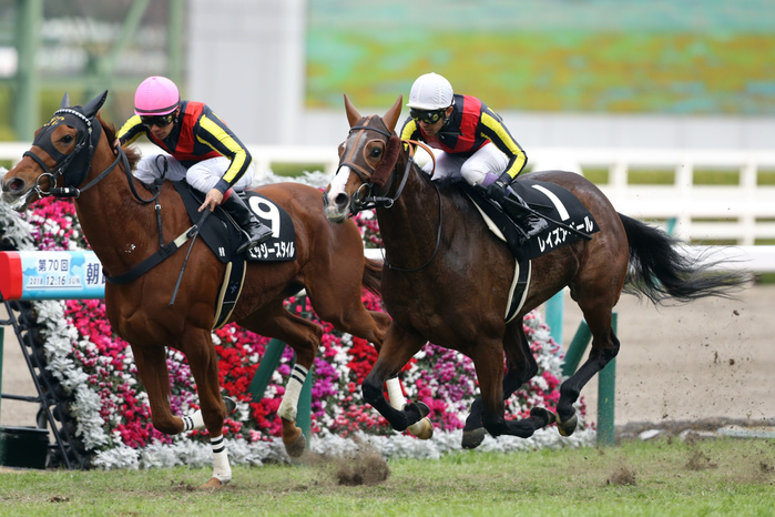 2018 Hotarugaike Special  R L  Raise a Veil  Yutaka Take , Edgy Style  Shun Hamanaka , DECEMBER 16, 2018   Horse Racing : Raise a Veil ridden by Yutaka Take wins the Hanshin 9R Hotarugaike Tokubetsu at Hanshin Racecourse in Hyogo, Japan.