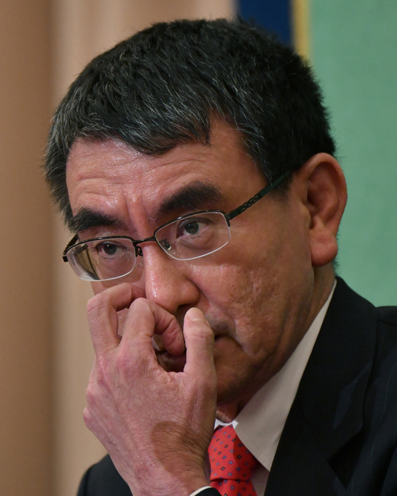 Foreign Minister Kono holds a press conference December 19, 2018, Tokyo, Japan   Japanese Foreign Minister Taro Kono speaks during a news conference at the Japan National Press Club in Tokyo on Kono was regarded as a reform minded, maverick politician who often rebelled against top government officials. But that image was tarnished when he ignored questions from reporters four times in a row, bluntly repeating only  next question, please   during a recent news conference following his meeting with Russian counterpart  Sergey Lavrov.  Photo by Natsuki Sakai AFLO  AYF  mis 