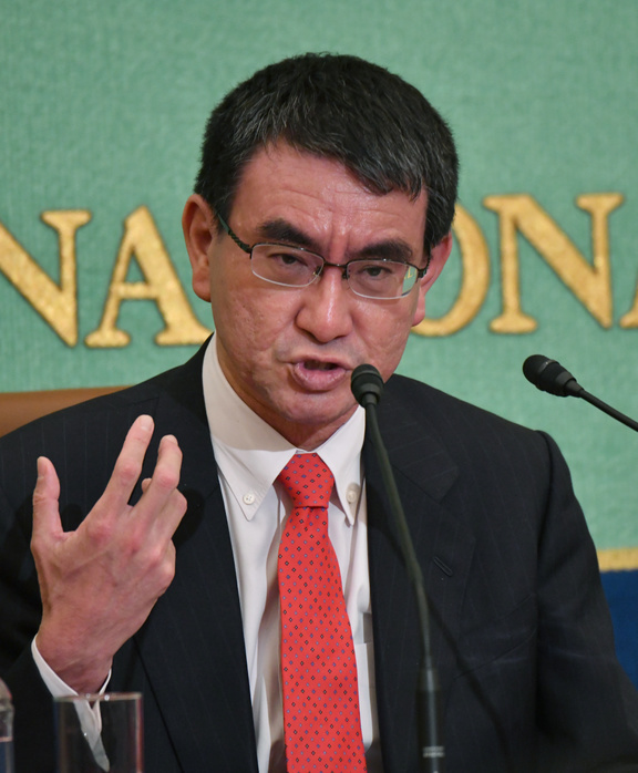 Foreign Minister Kono holds a press conference December 19, 2018, Tokyo, Japan   Japanese Foreign Minister Taro Kono speaks during a news conference at the Japan National Press Club in Tokyo on Kono was regarded as a reform minded, maverick politician who often rebelled against top government officials. But that image was tarnished when he ignored questions from reporters four times in a row, bluntly repeating only  next question, please   during a recent news conference following his meeting with Russian counterpart  Sergey Lavrov.  Photo by Natsuki Sakai AFLO  AYF  mis 
