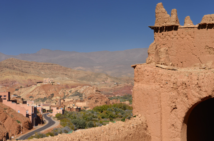 Road up the Dades Gorge in the High Atlas mountains from the crumbling Kasbah Ait Youl rooftop, Photo by Reimar Gaertner