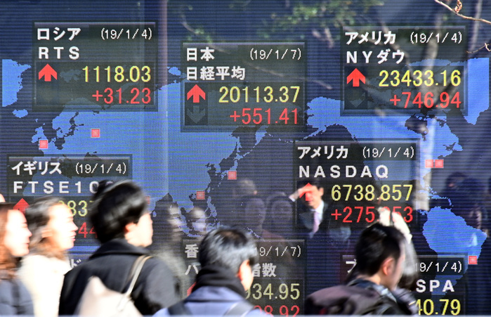 Nikkei Stock Average rebounded sharply January 7, 2019, Tokyo, Japan   Japanese stocks are traded higher Monday morning, January 7, 2019, on the Tokyo Stock Exchange market as investor Sentiment picked up slightly ahead of a round of trade negotiations between the United States and China in Beijing. soared 551 points to 20113.37.  Photo by Natsuki Sakai AFLO  AYF  mis 