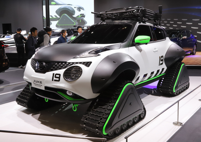 Tokyo Auto Salon 2019: A Festival of Custom Cars January 11, 2019, Chiba, Japan   Japanese automobile giant Nissan Motoror displays  Juke Personalization Adventure Concept  compact SUV with crawlers instead of tires at the Tokyo Auto Salon 2019 in Chiba, suburban Tokyo on Friday, January 11, 2018. More than 400 automakers and auto parts makers exhibit their latest products at a three day custom cars and racing cars exhibition.    Photo by Yoshio Tsunoda AFLO  LWX  ytd 
