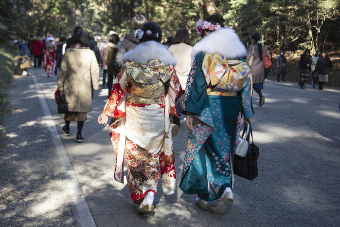 Coming of Age Day in Japan Japanese girls dressed in colorful kimonos are seen at Meiji Jingu Shrine during the Coming of Age Day celebration on January 14, 2019, Tokyo, Japan. The Coming of Age Day is a holiday to congratulate and encourage all those who have become adults  20 years old  in Japan. The annual celebration is held on the second Monday of January.  Photo by Rodrigo Reyes Marin AFLO 