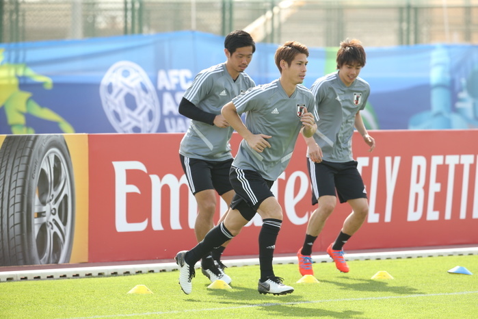 2019 AFC Asian Cup Japan National Team Practice  L R  Japan s Tsukasa Shiotani, Sho Sasaki and Junya Ito during a training session ahead of the AFC Asian Cup UAE 2019 Group F match against Uzbekistan on January 17 at Armed Forces Stadium in Abu Dhabi, United Arab Emirates, January 14, 2019.  Photo by JFA AFLO 