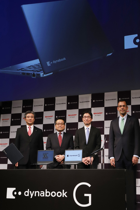 Dynabook Announces First New Product Since Becoming a Sharp Subsidiary January 17, 2019, Tokyo, Japan   Japanese electronics giant Sharp s subsidiary Dynabook chairman and CEO Yoshihisa Ishida  2nd L  and president Kiyofumi Kakudo  2nd R  smile with Intel Japan president Kunimasa Suzuki  L  and Microsoft Japan president Takuya Hirano as Dynabook introduces the new notebook coputer  dynabook G series  in Tokyo on Thursday, January 17, 2019. Sharp acquired Toshiba s personal computer business last year.    Photo by Yoshio Tsunoda AFLO  LWX  ytd 