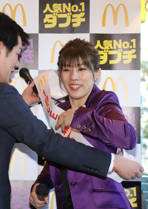 Saori Yoshida becomes CEO of McDonald s for a day. January 18, 2019, Tokyo, Japan   Three times Olympic wrestling gold medalist Saori Yoshida wears a sash as she acts as CEO for a day of McDonald s restaurant chain at a McDonald s restaurant in Tokyo on Friday, January 18, 2019. Yoshida attended her first comercial event after she announced reirement from wrestling career last week.    Photo by Yoshio Tsunoda AFLO  LWX  ytd 