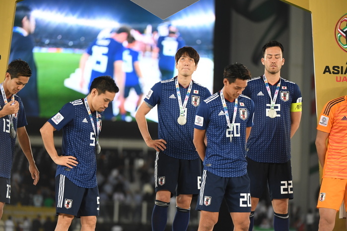 2019 AFC Asian Cup Japan Finishes Runner Up, Loses to Qatar  L R  Japan s Yoshinori Muto, Yuto Nagatomo, Genki Haraguchi, Tomoaki Makino and Maya Yoshida look dejected as they stand on the podium with their runners up medal after the AFC Asian Cup UAE 2019 Final match between Japan 1 3 Qatar at Zayed Sports City Stadium in Abu Dhabi, United Arab Emirates, February 1, 2019.  Photo by JFA AFLO 
