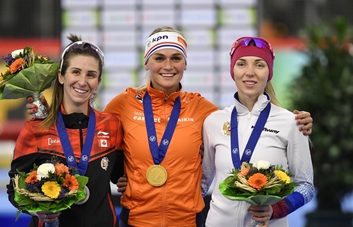 2019 Speed Skating World Distance Championships Women s Mass Start Awards Ceremony Winner Netherlands  Irene Schouten  C  celebrates with 2nd place Canada s Ivanie Blondin  L  and 3rd place Russia s Elizaveta Kazelina during the ISU World Single Distances Speed Skating Championships 2019 Women s Mass Start medal ceremony at Max Aicher Arena in Inzell, Germany, February 10, 2019.  Photo by AFLO  