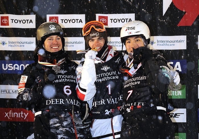 2019 FIS Freestyle Skiing World Championships Winner Mikael Kingsbury of Canada, center, second place Bradley Wilson of United States, left, and third place Daichi Hara of Japan during the 2019 FIS Freestyle Skiing World Championships Men s Dual Moguls medal ceremony in Park City, Utah, United States on February 9, 2019.  Photo by Hiroyuki Sato AFLO 