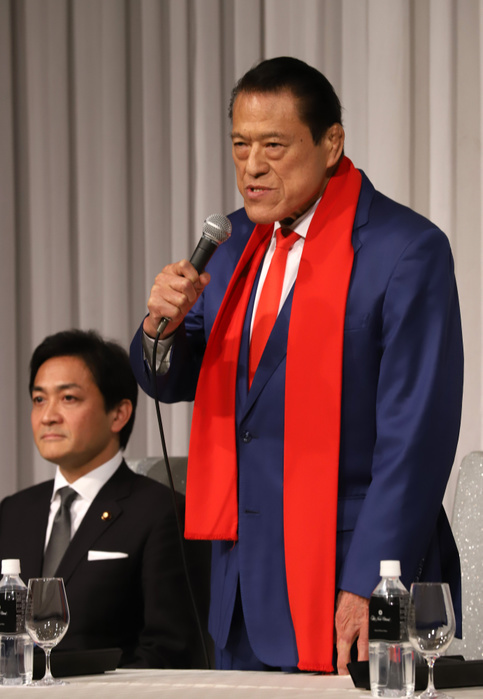Antonio Inoki joins the National Democratic Party of Japan February 21, 2019, Tokyo, Japan   Former professional wrestler and Japanese member of the House of Councillors Antonio Inoki  R  announces he will join the parliamentary group of Yuichiro Tamaki s  L  Democratic Party for the People and Ichiro Ozawa s Liberal Party at a press conference in Tokyo on Thursday, February 21, 2019.    Photo by Yoshio Tsunoda AFLO 