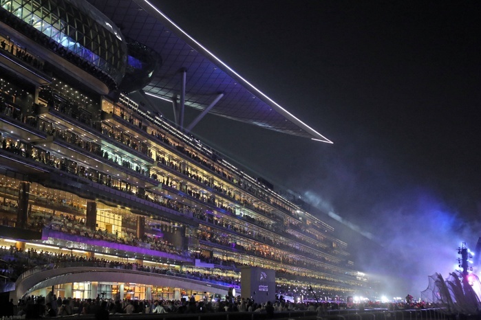 31 03 2018 Dubai UAE VEREINIGTE ARABISCHE EMIRATE View at the grandstand by night Meydan racec A general view of grandstand by night at Meydan racecourse in Dubai, United Arab Emirates, on March 31, 2018.  Photo by AFLO 