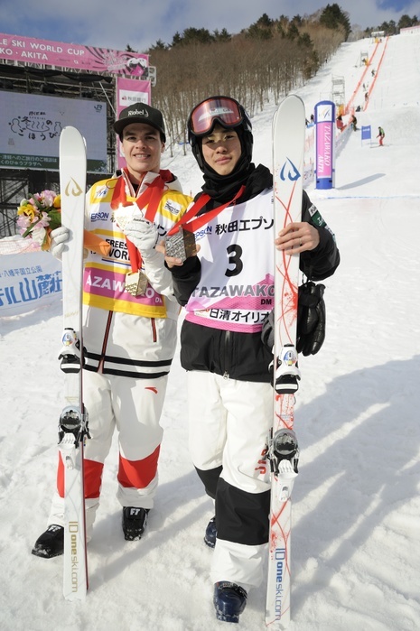 2018 19 FIS Freestyle Ski World Cup First place Mikael Kingsbury of Canada, right, and second place Ikuma Horishima of Japan pose during the 2018 19 FIS Freestyle Ski World Cup Men s Dual Moguls award ceremony in Tazawako, Akita, Japan on February 24, 2019.  Photo by Hiroyuki Sato AFLO 