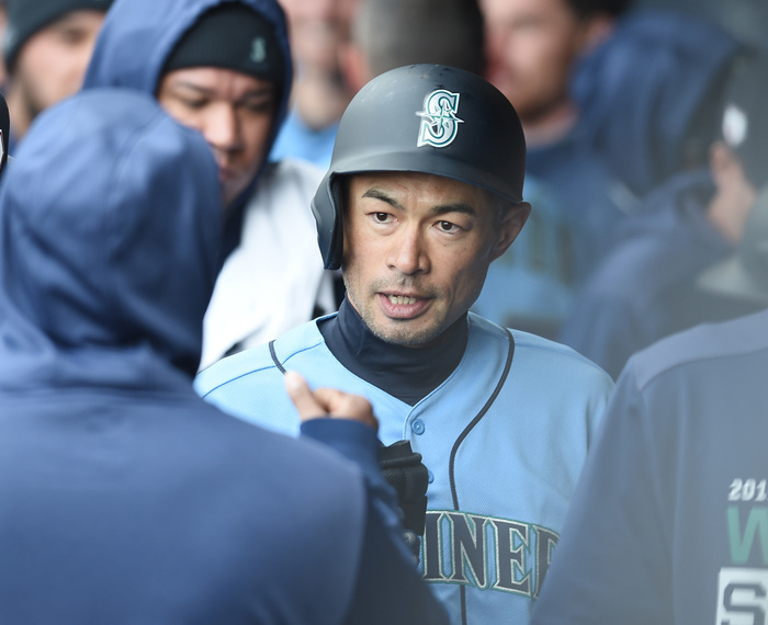 2019 MLB Open Game Seattle Mariners  Ichiro Suzuki is greeted in the dugout after being replaced by a pinch runner after hitting a two run single in the third inning during a spring training baseball game against the Oakland Athletics at Peoria Stadium in Peoria, Arizona, United States, February 22, 2019.  Photo by AFLO 