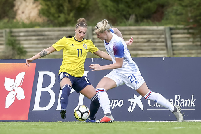 Portugal: Iceland vs Scotland  Women  Scotland player Nicola Docherty, Iceland player Svava Ros Gudmundsdottir during the Algarve Cup 2019 Group A match between Iceland 1 4 Scotland at Bela Vista Municipal Stadium in Parchal, Portugal, March 4, 2019.  Photo by Pro Shots AFLO 