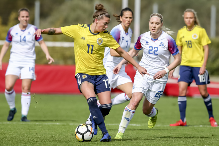 Portugal: Iceland vs Scotland  Women  Scotland player Nicola Docherty, Iceland player Rakel Honnudottir during the Algarve Cup 2019 Group A match between Iceland 1 4 Scotland at Bela Vista Municipal Stadium in Parchal, Portugal, March 4, 2019.  Photo by Pro Shots AFLO 