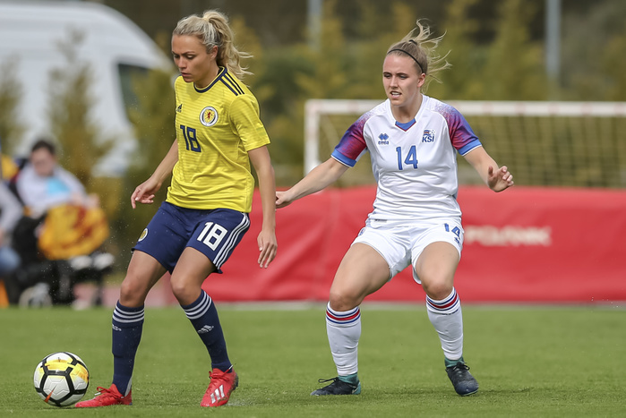 Portugal: Iceland vs Scotland  Women  Scotland player Claire Emslie, Iceland player Gudrun Arnarsdottir during the Algarve Cup 2019 Group A match between Iceland 1 4 Scotland at Bela Vista Municipal Stadium in Parchal, Portugal, March 4, 2019.  Photo by Pro Shots AFLO 