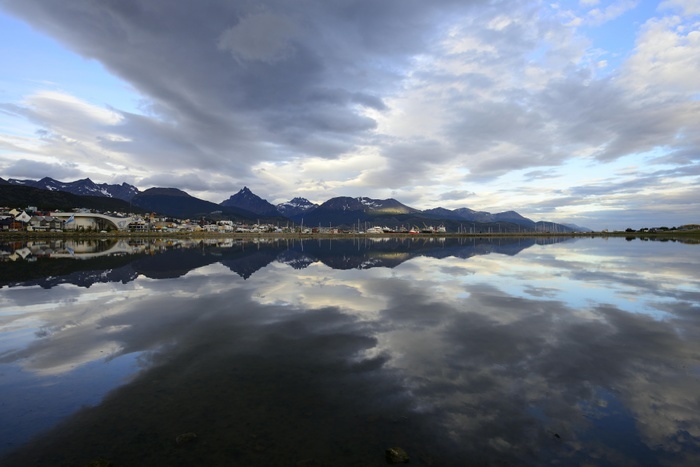 Argentina Ushuaia with clouds reflected in Beagle Channel, Ushuaia, Tierra del Fuego Province, Tierra del Fuego, Argentina, South America, Photo by Peter Giovannini