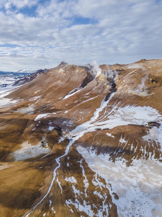 Iceland Aerial view, steaming Fumariles, geothermal area Hverar nd, also Hverir or Namaskard, North Iceland, Iceland, Europe, Photo by Moritz Wolf