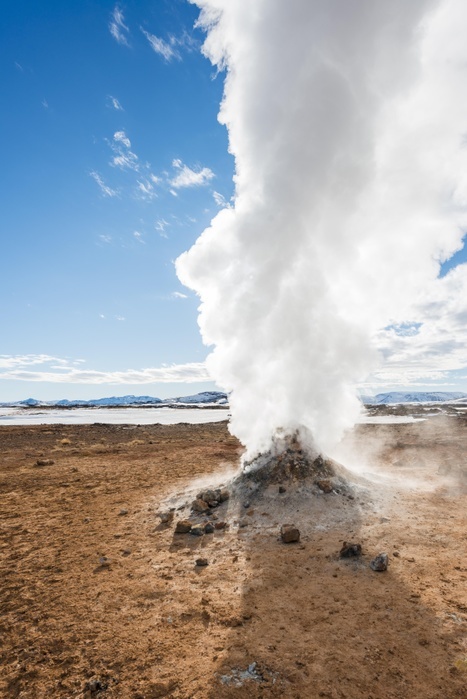 Iceland Steaming fumarole, solfatara in Hverar nd, also Hverir or Namaskard, geothermal area, North Iceland, Iceland, Europe, Photo by Moritz Wolf