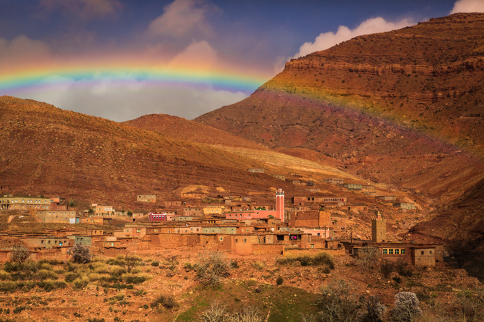rainbow siting along the Dad s Gorges Rainbow over the Dades Gorges, Morocco, North Africa, Africa, Photo by Laura Grier