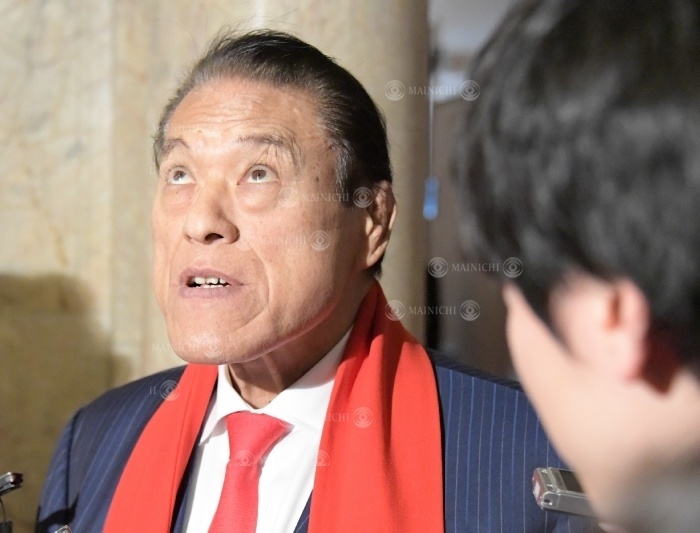 Councillor Antonio Inoki talks to reporters about the death of Richard Beyer, the masked professional wrestler  The Destroyer . Councillor Antonio Inoki speaks to reporters about the death of Richard Beyer, the masked professional wrestler  The Destroyer,  in the National Diet of Japan on March 8, 2019  photo by Masahiro Kawada .