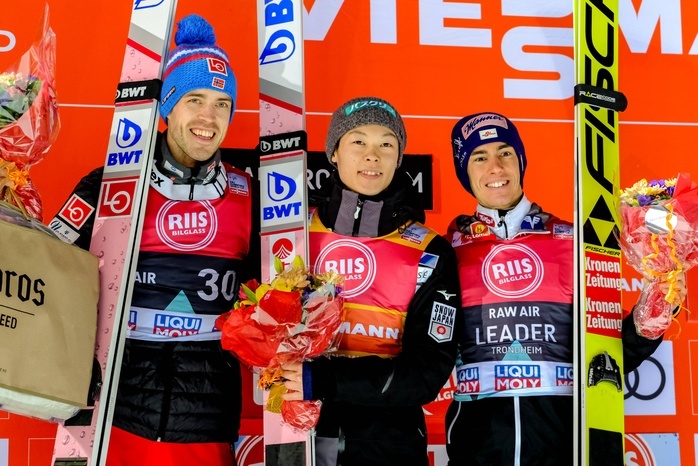 Raw Air Tournament 2019 FIS Skisprung Weltcup Ski jumping Skispringen Ski nordisch Skispringen Ski Ryoyu Kobayashi  C  of Japan celebrates on the podium with second placed Andreas Stjernen  L  of Norway and third placed Stefan Kraft of Austria after winning the Men s Large Hill Individual  HS138  of the RAW AIR Tournament of the FIS Ski Jumping World Cup at Granasen in Trondheim, Norway, March 14, 2019.  Photo by AFLO 