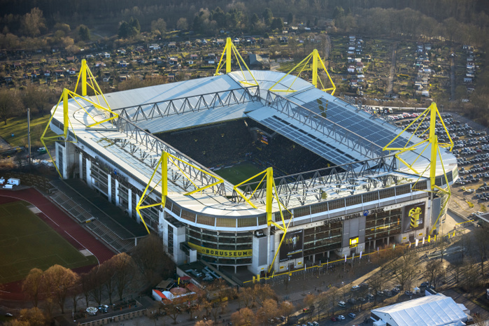 Signal Iduna Park, football stadium during the Ruhr derby between Borussia Dortmund and FC Schalke 04, final result Dortmund 3, Schalke 0, Dortmund, North Rhine-Westphalia, Germany, Europe, Photo by Hans Blossey