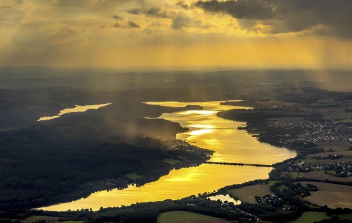 Germany Evening sun reflected in the M hnesee, reservoir, Sauerland, North Rhine Westphalia, Germany, Europe, Photo by Hans Blossey