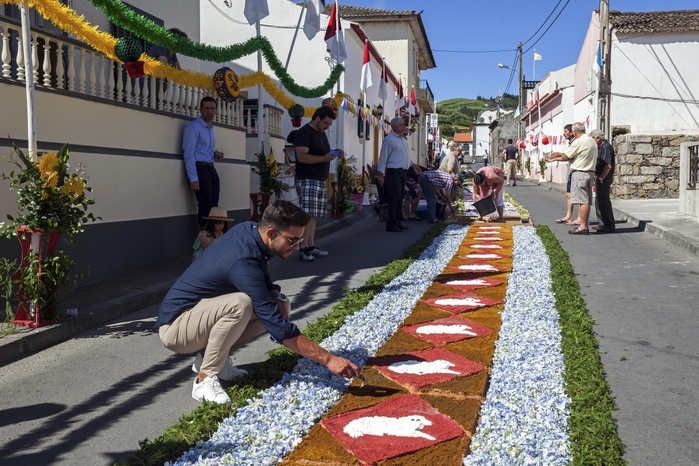 Portugal Flower carpet, preparation for the procession to the Santo Christo Fest, Ginetes, Island of Sao Miguel, Azores, Portugal, Europe, Photo by Harry Laub