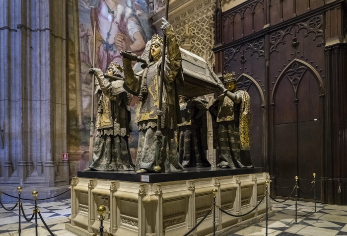 Spain Tomb of Christopher Columbus, Cristoforo Colombo, Crist bal Col n, Cathedral of Santa Mar a de la Sede, UNESCO World Heritage Site, Seville, Seville, Province of Seville, Andalusia, Spain, Europe, Photo by Martin Jung