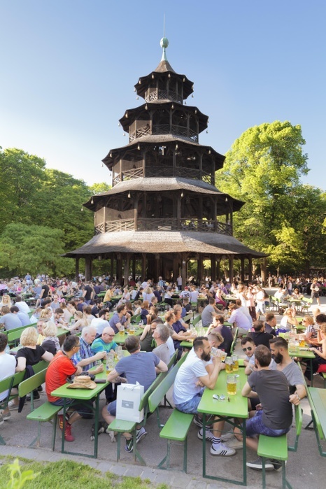 Germany Beer garden at the Chinese Tower, English Garden, Munich, Upper Bavaria, Germany, Europe, Photo by Franz Walter