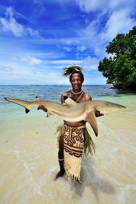 Folk tribe Korafe, man with typical tapa clothing made of tree bark holds a captive Blacktip reef shark (Carcharhinus melanopterus) in his hands, Yavi Village, Tufi, Papua New Guinea., Photo by Norbert Eisele-Hein