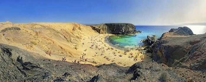 Spain Sandy beach with turquoise waters of Playa del Papagayo, Punta Papagayo, Playa Blanca, Lanzarote, Canary Islands, Spain, Europe, Photo by Michael Rucker