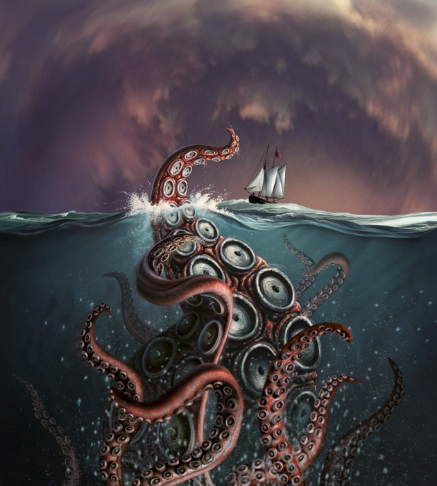 A fantastical depiction of the legendary Kraken. A fantastical depiction of the legendary Kraken.