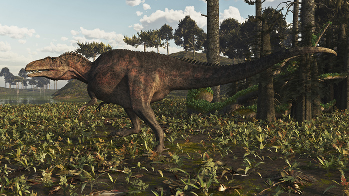 Acrocanthosaurus dinosaur roaming a Cretaceous landscape. Acrocanthosaurus dinosaur roaming a Cretaceous landscape.
