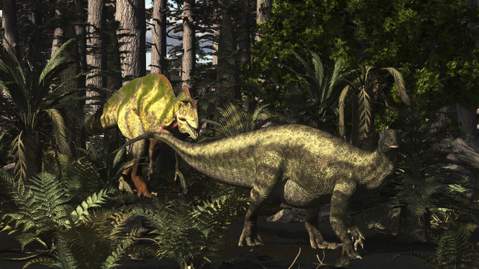 Acrocanthosaurus hunting Tenontosaurus in a forest. Acrocanthosaurus hunting Tenontosaurus in a forest.