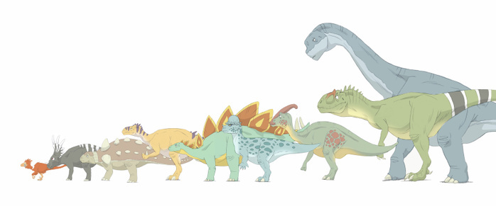 Pencil drawing illustrating various dinosaurs and their comparative sizes. Pencil drawing illustrating various dinosaurs and their comparative sizes.