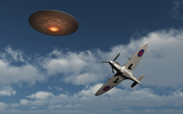 A Royal Air Force Supermarine Spitfire aircraft giving chase to a UFO. A Royal Air Force Supermarine Spitfire aircraft giving chase to a UFO.