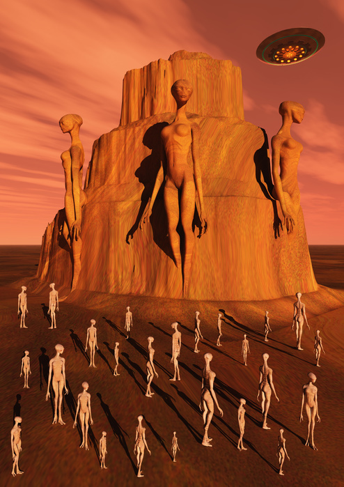 Martians gathering around a monument dedicated to their ancestors. Martians gathering around a monument dedicated to their ancestors.