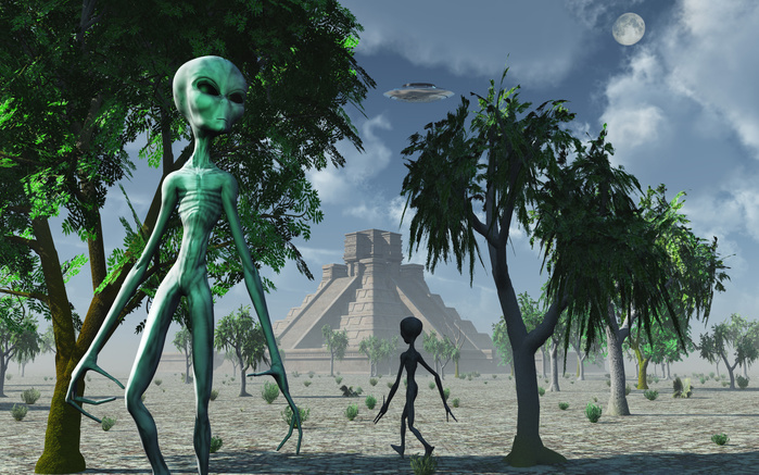 Artist s concept of aliens helping the Mayans build complex buildings. Artist s concept of aliens helping the Mayans build complex buildings.